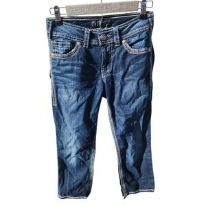 Silver Jean Co Suki Capri Jeans Women 26 Blue Distressed Stretch Denim Embroider